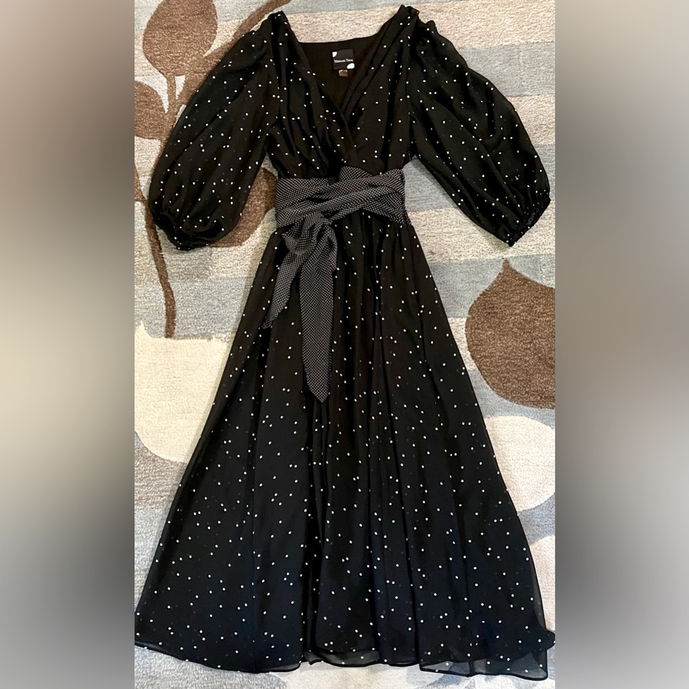 Maison Tara Dottie Faux Wrap Chiffon Midi Dress 3/4 Balloon Sleeves & Waist Sash